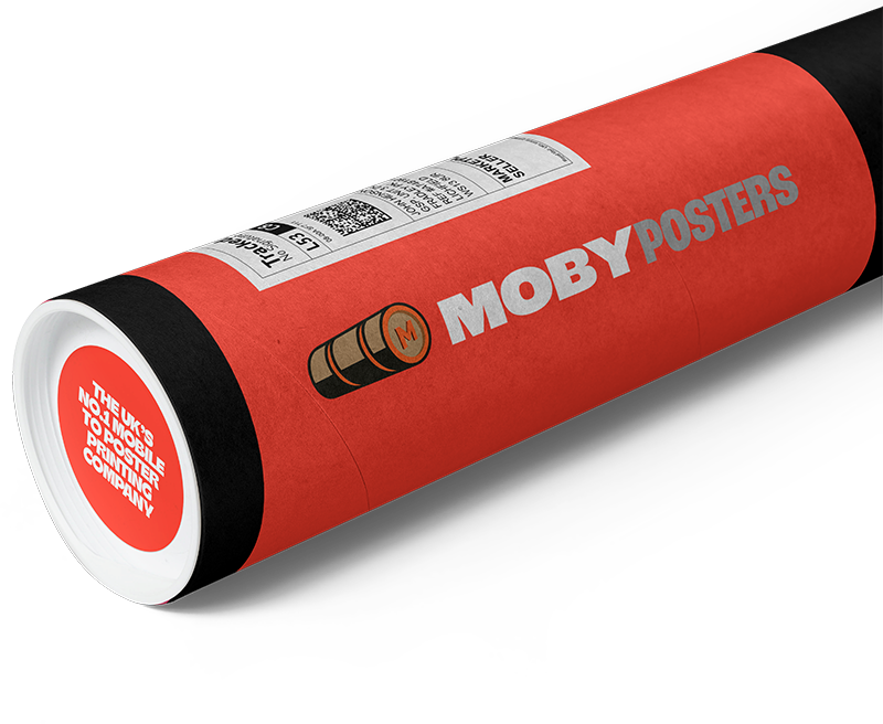 A rolled Moby Posters branded print tube